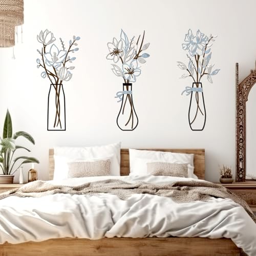 3 Pieces Metal Flowers Wall Art for Bathroom (Blue Brown) - color: Blue Brown