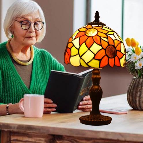 Tiffany Small Table Lamp Sunflower 3-Way Color Temperatures Stained Glass Table Lamps for Living Room Bedroom Bedside Nightstand Night Light Home Office Desk Lamp W/LED Bulb 8X8X15Inch - color: Sunflower