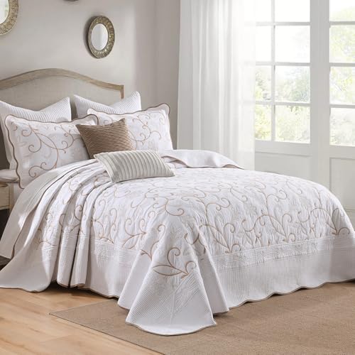 100% Cotton Oversized Bedspread Quilt Coverlet Set, 120"x102" - color: White/Beige-gold, size: Oversized Queen(120"x102")