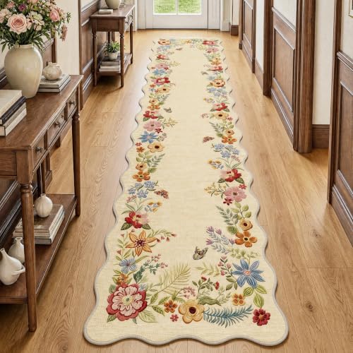 FMFUNCTEX 3x10 Hallway Runner Rug Washable Beige Floral Vintage Scalloped - color: Beige, size: 3' x 10' (Rectangular)