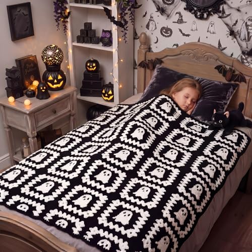 Halloween Ghost Granny Square Blanket Reversible Boo Knit Throw Blankets - color: Black and White, style: Halloween Ghosts
