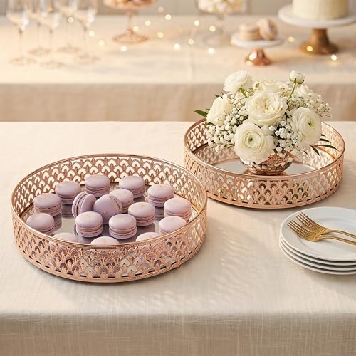 10 Inch Glass and Gold Round Tray Set of 2,Dinner Plate Perfume and Vanity Tray Decorative Mirrored Vanity Tray with Gold Metal Cutout Design, Jewelry (10 Inch Round Set of 2)