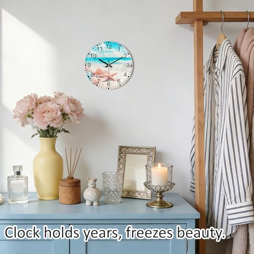 12 Inch Thick Glass Wall Clock - Wall Clocks Battery Operated with Unique Exclusive Beach Shell Design Silent Non Ticking Analog Clock for Bedroom, Living Room, Office, Classroom, Bathroom - color: Blue White, size: 12 Inch