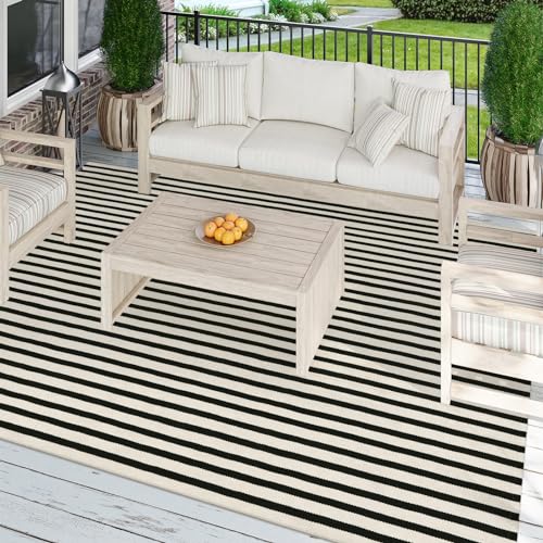 LEEVAN 5'X8' Black and White Striped Woven Cotton Reversible Outdoor Rug - color: Black and White, size: 5 x 8 Feet