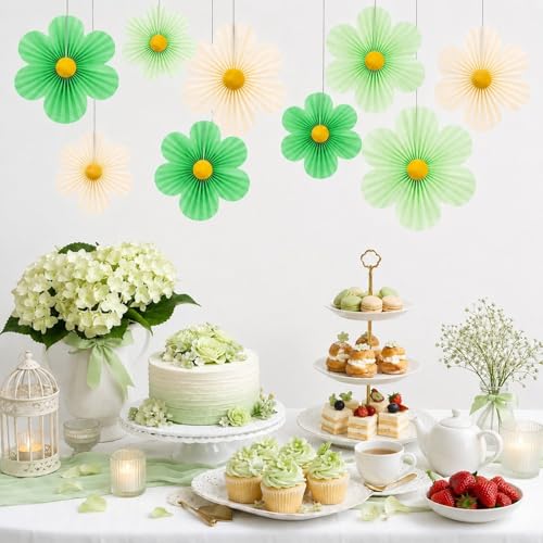 Spring Flower Paper Fan Decorations, 9PCS Party Cream Hanging Fans for Hello Spring Party, Birthday, Wedding, Classroom, Home Office Graduation Mother Father's Day Floral Backdrop Decor -Green - style: Green Cloud