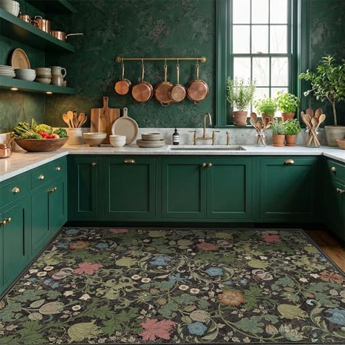 Deerly Floral Area Rug 4x6, Washable Living Room Rug Non Slip, Black Green - color: Black, size: 4'x6'