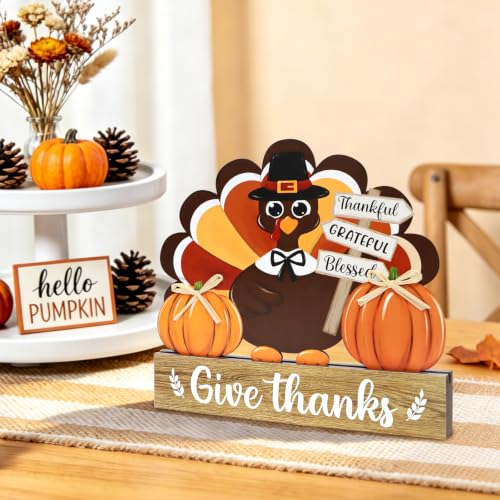 Thanksgiving Decorations Turkey Wooden Table Sign Fall Thanksgiving Turkey Tray Home Centerpiece Autumn Tabletop Rustic Farmhouse Pumpkin Decor for Give Thanks Harvest Indoor Office Shelf Party