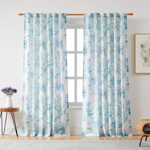 Aqua Floral Print Coastal Linen Sheer Curtains 55x90 Living Room Blue White - color: Back Tab- Semi Sheer- Aqua Blue, size: 55"W x 90"L (Pack of 2)