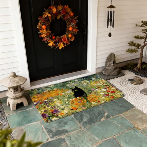 Floral Black Cat Door Mat Outdoor Indoor Entrance Entryway 17x30 in, Vintage Spring Abstract Colorful Flower Cat Welcome Mat for Front Door Porch641 - color: Fcolor005
