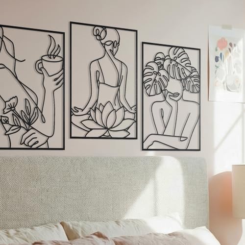 deeinglif Minimalist Woman Metal Wall Art Set of 4-3D Abstract Female Line Art Wall Decor with Monstera Leaf & Lotus, Modern Black Silhouette Hanging for Bedroom, Living Room, Above Bed (12x17 Inch)