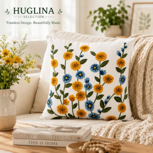 Selection Embroidered Floral Throw Pillow, 18x18 Inch Decorative Pillow with Insert Included, Ivory White Woven Canvas Cushion, Yellow & Blue Wildflower Embroidery, Hidden Zipper, Home Decor