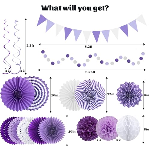 24 Pcs Purple Birthday Decorations Kit, Paper Fans Pom Poms Banner 8-16 in - color: Purple, Lavender, White