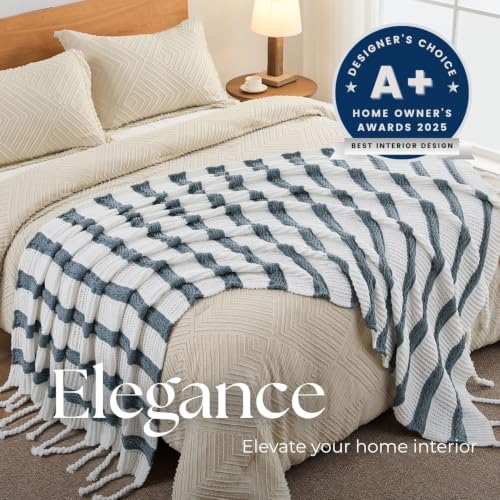 Boho Knitted Chenille Blanket with Tassels - Lightweight & Soft All-Season Throw - 3D Classic Pattern for Living Room Bedroom Couch, Celestial Blue(Striped), Queen 90"x90" - color: Celestial Blue(striped), size: Queen