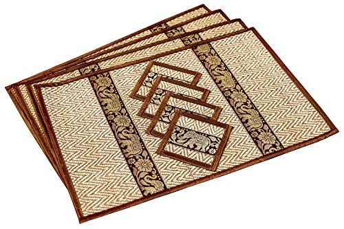 Hand-Woven Wicker Reed Placemats Coaster Set Eco-Friendly Alternative to Plastic Heat Resistant Thai Style Durable Easy to Clean for Dining Table Set of 4 (Large, Dark Gold) - color: Dark Gold, size: Large