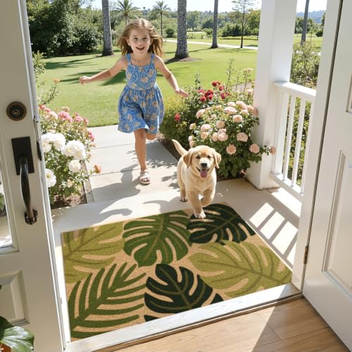 DEXI Front Door Mat Outside Entrance 24x36 Entry Doormat Monstera Leaves - color: Monstera Brown, size: 24" X 36" (Rectangular)