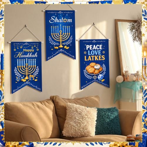 Tegeme 3 Pcs Hanukkah Door Sign Flag Chanukah Door Blue White Doors Banner - style: Chanukah
