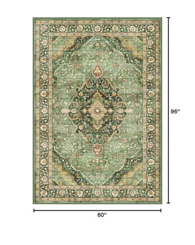Green Rug 5x8 Area Rugs for Bedroom Washable Rugs Boho Vintage 5x8 Rug for Living Room Carpet Non-Slip Family & Pet Friendly Print Floor Rug(Border Green) - color: Border Green, size: 5'x8'