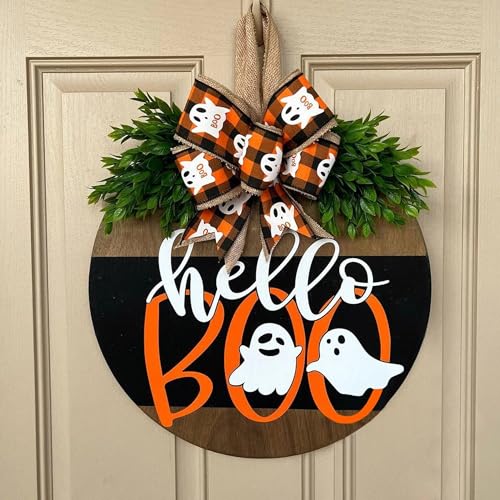 Halloween Ghost Wreath, Wooden Halloween Ghost Door Sign Wreath Decorations for Front Door Hanger