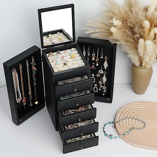 Meangood Jewelry Box Wood for Women, 6-Layer Large Organizer Box with Mirror & 5 Drawers for Rings, Earrings, Necklaces, Vintage Style, Black - color: Black, size: 5-Drawer