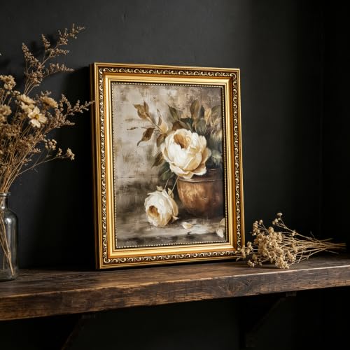 Vintage Framed White Rose Wall Art, Rustic Paintings for Living Room - color: White Peony, size: 12*16