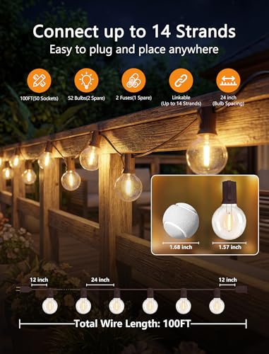 SUNSGNE 100FT Brown Outdoor String Lights, Shatterproof LED Globe String Lights with 50 G40 LED Bulbs, Waterproof Connectable Hanging Light for Backyard Patio Porch Balcony Party Decor, E12 Base - color: Warm White-Brown, size: 100FT