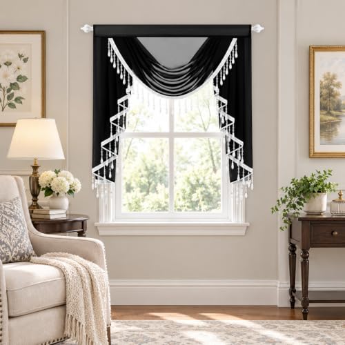 VOGOL Sheer Waterfall Valance with Beaded Tassels, 39 x 43, 1 Panel, Black - color: Black, size: 39"W x 43"L (Pack of 1)