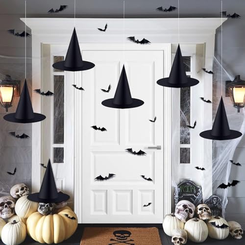 6PCS Halloween Witch Hats 98 FT Nylon Cord 24 Bats for Porch Yard Deco