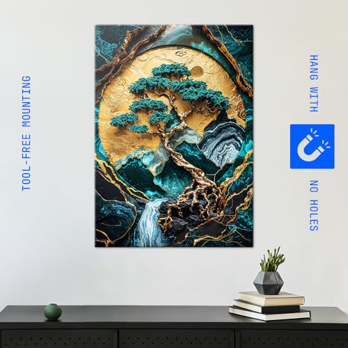 Displate 금속 포스터 Pixaverse 골든 트리 오브 하모니 아트 월 아트 L - size: 26.6"L x 18.9"W, style: 분재 나무