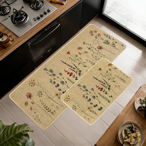 Flowers Spring Kitchen Mats for Floor,Florals Kitchen Rug Set of 2 Washable Floor Mats Non Slip Rubber Rugs Runner Comfort Standing Mat,Vintage Floral Rugs Runners for Sink,Desk,17x29+17x47 inch - color: Beige Blue Green