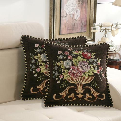Set of 2 Brown Vintage Embroidered Throw Pillow Covers 18x18in,Floral Cushion Cover for Sofa Couch Bedroom,Coffee Pillow Covers - color: Coffee