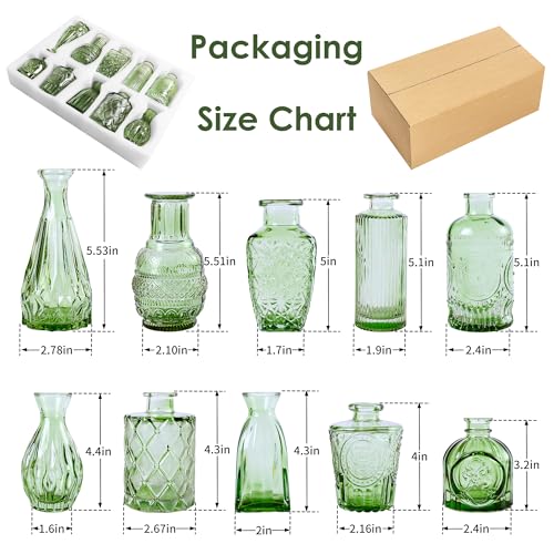 Dark Green Glass Bud Vases, Set of 10 Wedding Table Centerpiece - color: Hunt Green