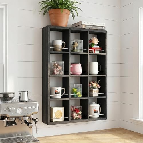 12 Grid coffee mug display shelf, 17x25" Wooden cup shelf for wall, Black - color: Black