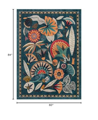 Zealude Boho Egypt Green Area Rugs for Living Room Bedroom, 5x7 Washable Large Dining Room Rug Non Slip, Floral Vintage Farmhouse Throw Carpet for Office Hardwood Floor Playroom (Dark Green,5 x 7) - color: Green, size: 5' x 7'(Rectangular)