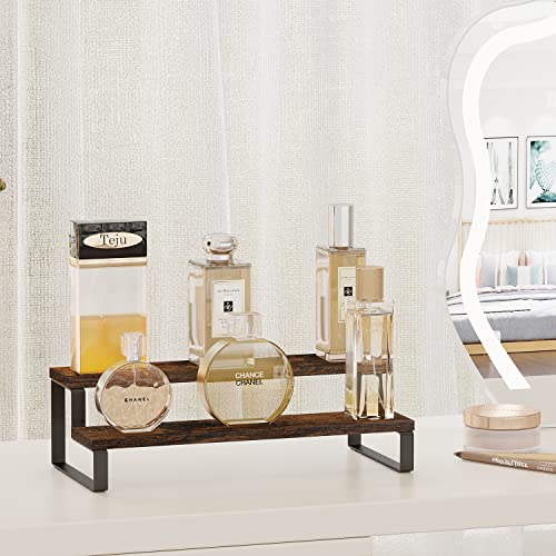 YINMIT Wooden Display Riser Stand, Tiered Perfume and Cologne Organizer Stand, 2 Tier Spice Rack Organizer, Rustic Display Shelf for Candles (2 Tier) - color: 2 Tier,1 Pack,Brown