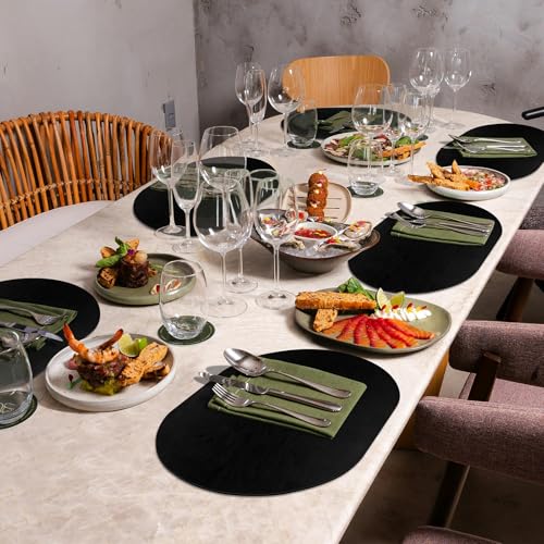 ADRIMER Oval Placemats Set of 6, Wipeable Faux Leather, Black - color: Black
