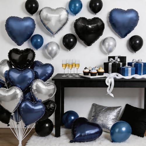 Black Blue Silver Heart Balloons,12Pcs 18Inch Heart Shaped Balloons - color: Black Blue Silver