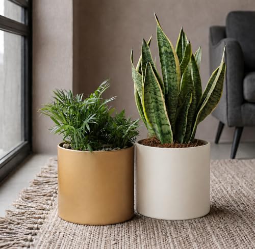 10 Inch Beige Metal Plant Pot with Drainage Hole, Indoor Outdoor - color: 10 Inch Beige