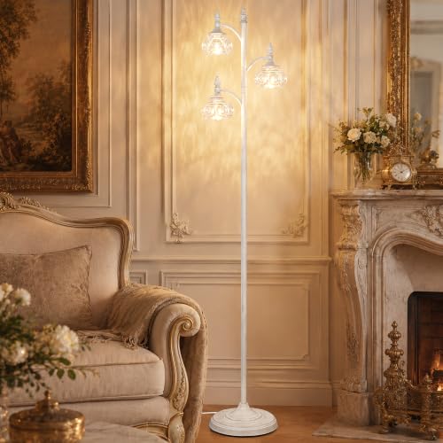 JUNNAI White Floor Lamps for Living Room 66.5in Vintage Standing Lamp with Glass Shade 3 Way Brightness Lights Mid Century Modern Corner Lamp for Bedroom Office(Bulbs Included) - color: Washed White