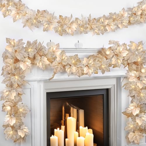 4 Pack Fall Decorations Fall Maple Leaves Garland with Lights Total 26FT