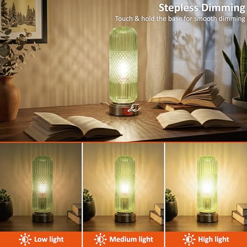 Buruis 11.6" Touch Dimmable Table Lamp with Ribbed Glass Shade, Light Green - color: Light Green