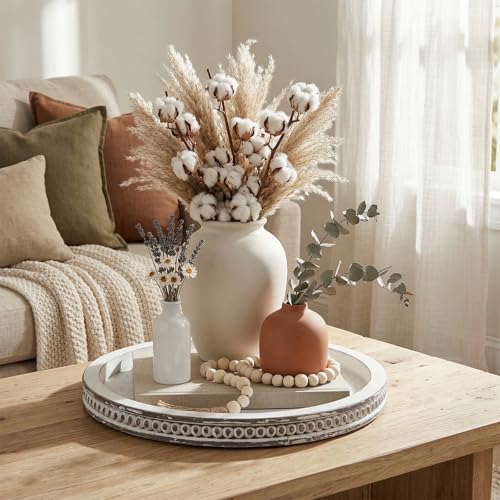 Farmhouse Round Wooden Beaded Tray 12" White Washed Wooden Decorative Tray Round Rustic Wood Decorative Coffee Table Trays for Home Living Room Kitchen Counter