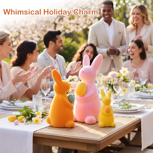 Lanpn 3PCS Flocked Bunny Easter Decorations with Eggs, Rabbit Figurines for Easter Centerpieces, Spring Tabletop & Shelf Decor, Seasonal Gift(Pink, Orange, Yellow)