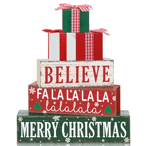 Geelin 4 Pcs Christmas Wooden Table Decorations Gift Boxe Tiered Tray Decor - style: Gift