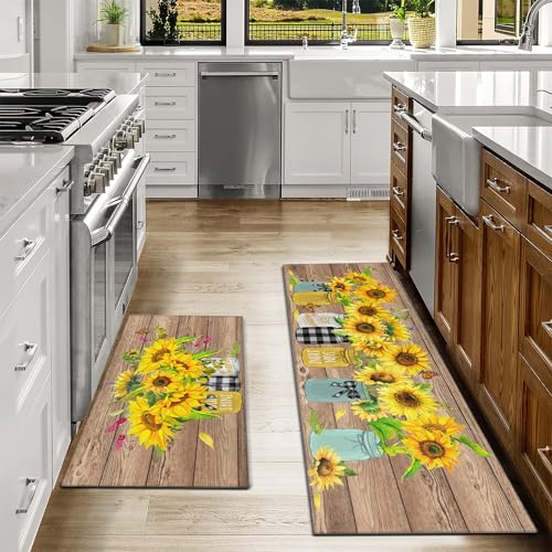 Sunflower Kitchen Rugs Set of 2,Farmhouse Style Kitchen Decor Kitchen Mat Non-Slip Washable,Farmhouse Kitchen Decor Anti Fatigue Floor Mat for Kitchen Sink Laundry Room, 17x30+17x47Inch - color: Sunflower