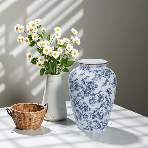 Blue and White Chinoiserie vase - Vintage Ceramic vase with Antique Design, Perfect for Chinoiserie Home Decor 9in Flower vase04 - color: Blue and White