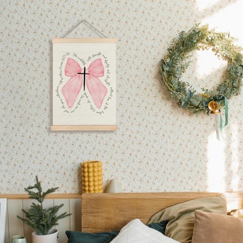 Supwhd Pink Bow Coquette Christian Wall Decor for Girls Room Dorm, Pink Christian Bible Verse Wall Art With Wooden Poster Hanger, 12x16 - color: Pink Bow, size: 16"L x 12"W