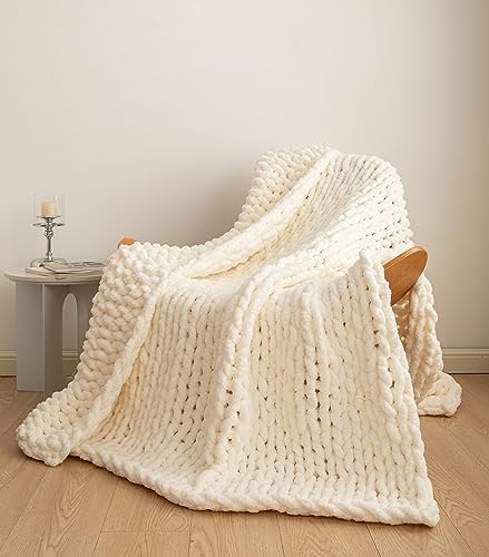 Chunky Knit Blanket Soft Chenille Yarn Knitted Throw Blanket 50"X60" Handmade Cable Warm Thick Giant Blanket for Couch Bed Trips (White, Throw 50"X60")?-¡ - color: Cream White, size: Throw 50"X60"