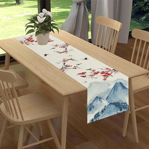 Japanese Table Runner, Vintage Cherry Blossom Traditional Landscape Ink Painting Asian Nature Mountain Scenery Print Table Runners for Indoor Outdoor Home Party Holiday Decor 13x36 inch - color: Cherry Blossom-6, size: 13x36" Table Runner