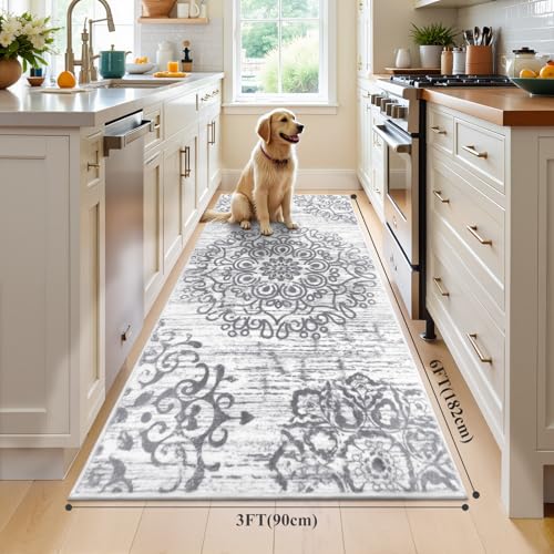 HEBE Hallway Runner Rug 3'x6', Washable Non Slip Kitchen Rug Runner - color: Grey, size: 3' x 6' (Rectangular)