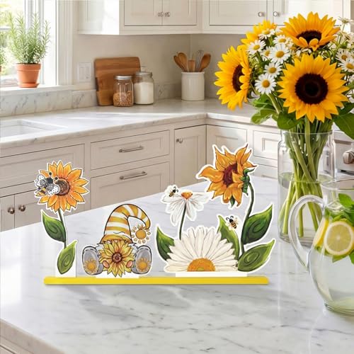 Smile Summer Indoor Decorations Wooden Decor, Sunflower Gnome, Sign for Home Tabletop Centerpiece Mantel Shelf Fireplace - style: Summer Sunflower